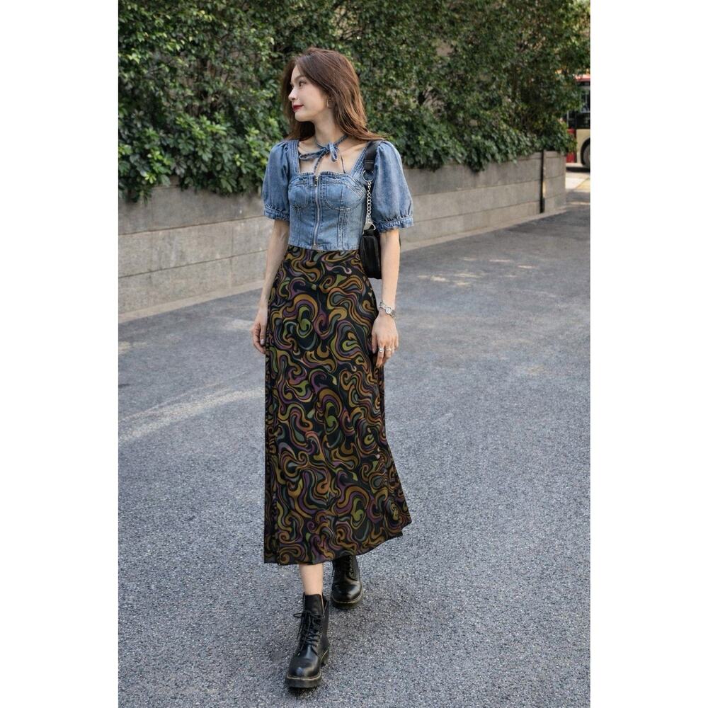 VTG 90s Y2K Slinky Maxi Skirt Abstract Swirl Stretch Psychedelic Boho Art Wear M